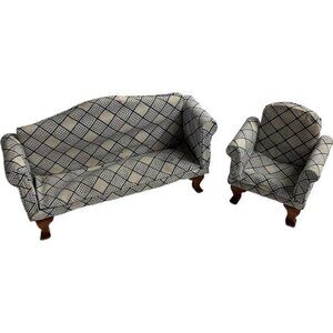 Dollhouse Furniture Sofa and Arm Chair Wooden Legs Blue White Checkered Vintage